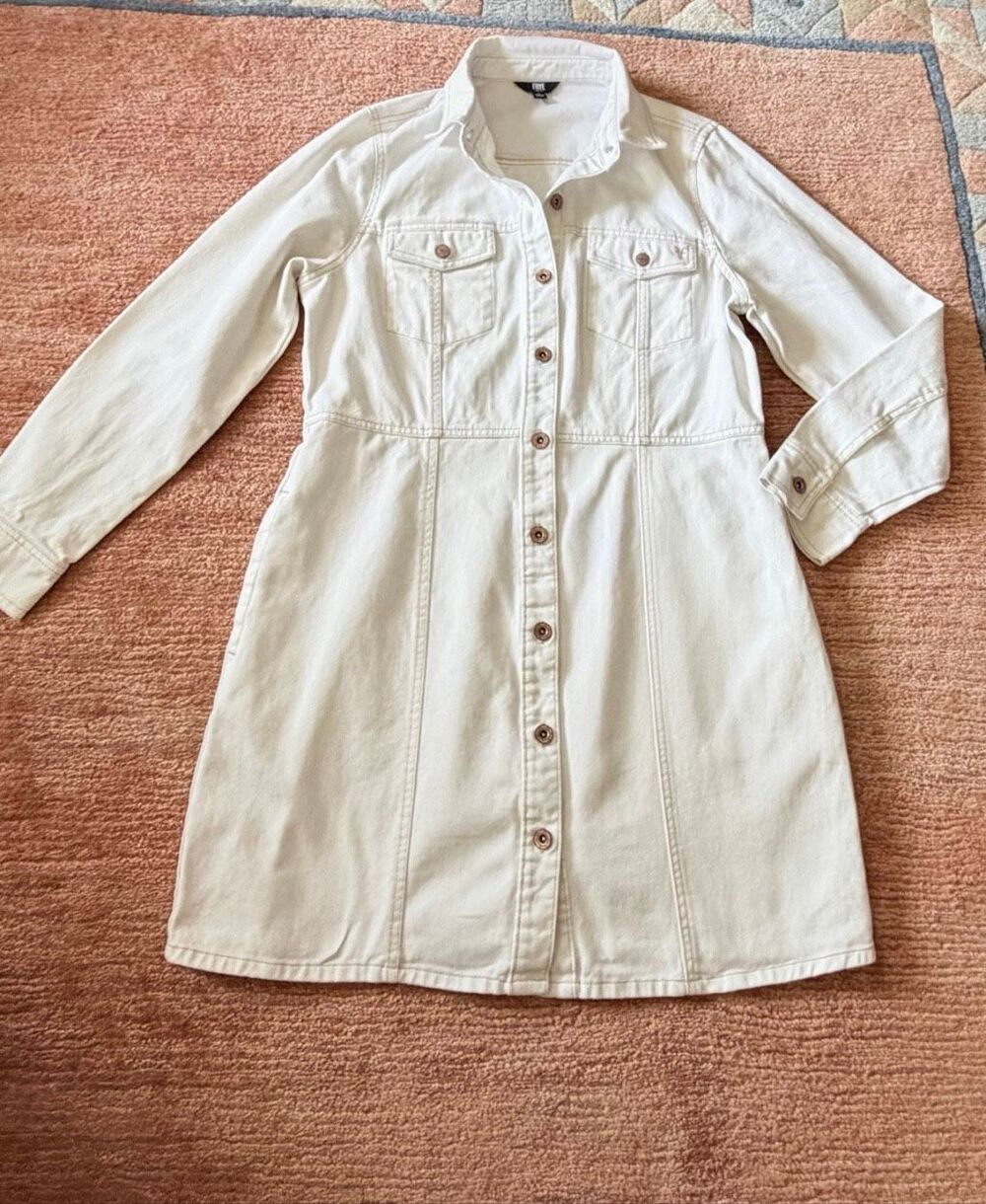 Frye Ivory Denim Coat Size L Long Button Front Cotton Jacket